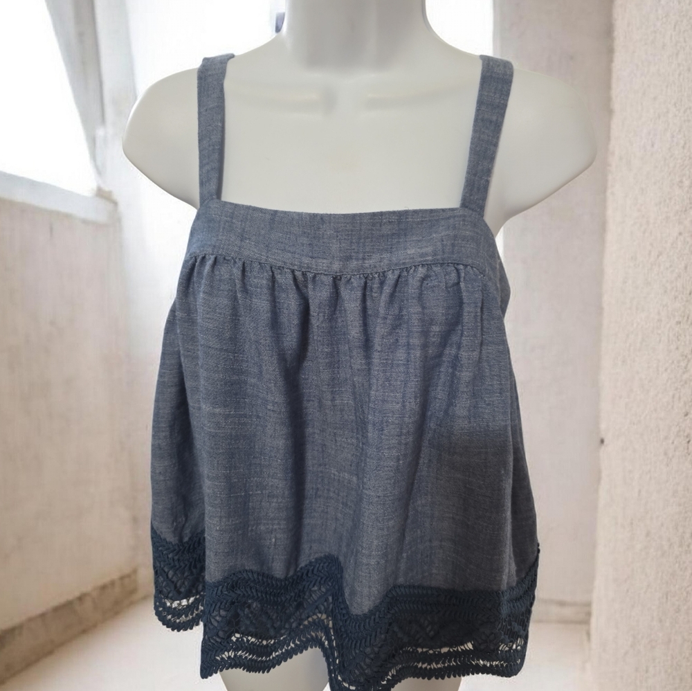 PARKER Blue Chambray Denim Lace Linen Flowy Boho Top Women's XS